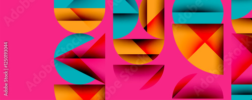 Abstract geometric pattern with intersecting circles and triangles in gradients. The high-contrast composition creates depth and a dynamic, modern aesthetic