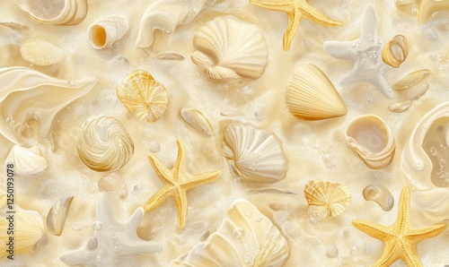 Seashells and starfish on creamy background, summer beach texture, perfect for website or print design