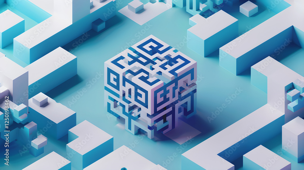 Naklejka premium Innovative, Artistic Depiction of a Modern, Geometric QR Code Design in Blue Hues