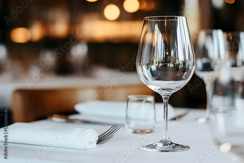 Fototapeta Naklejka Na Ścianę i Meble -  Empty wine glass restaurant table setting, blurred background