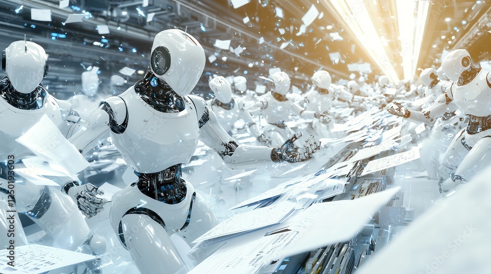 Fototapeta premium A futuristic scene with multiple humanoid robots working in a high-tech environment, highlighted by bright light and dynamic motion.