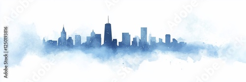Blue watercolor cityscape skyline, urban panorama, city buildings in clouds.