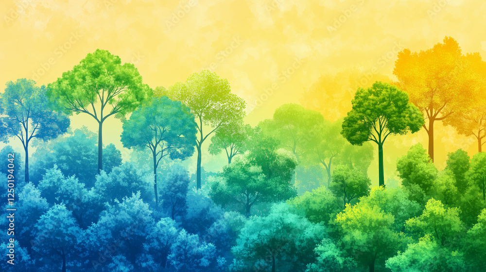Fototapeta premium Gradient banner with illustration of various types of trees growing together, fresh green leaves under the sunlight, blue to yellow gradient background, Ai generated images