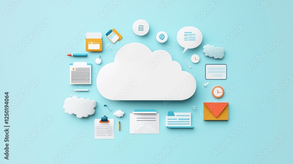 A cloud-based illustration featuring various communication icons, representing digital storage, messaging, and organization on a light blue background. A cloud-based illustration featuring various communication icons, representing digital storage, messaging, and organization on a light blue background.