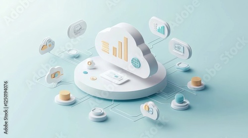 A stylized cloud computing illustration showcasing data analytics, charts, and connected icons, emphasizing digital technology and cloud services.