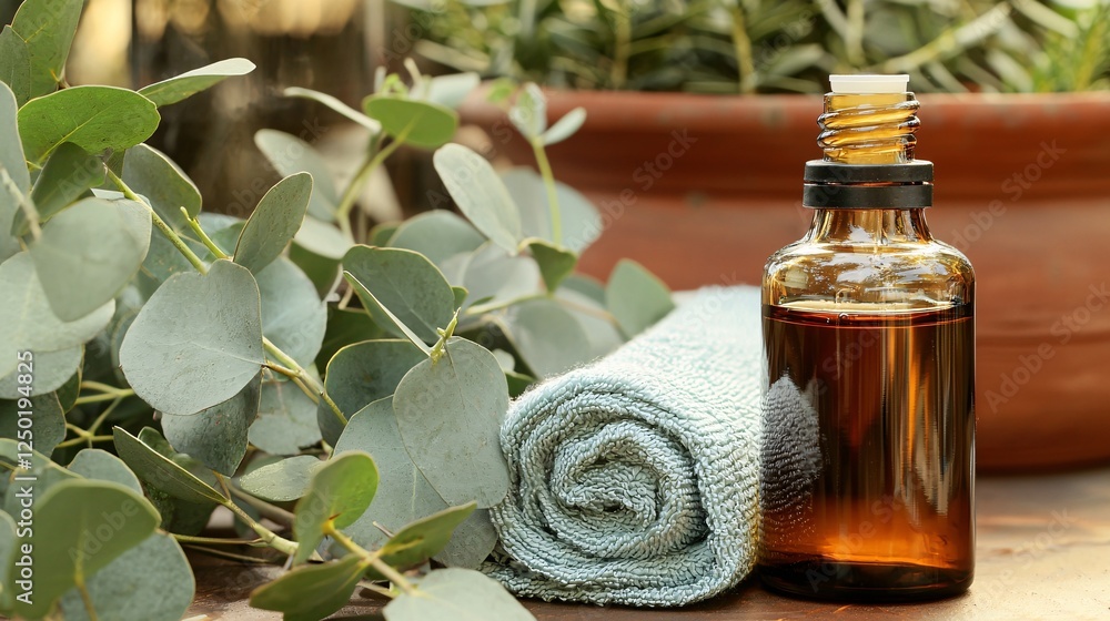 eucalyptus oil bottle beside a hand towel, ready for use in relaxation and wellness routines. Eucalyptus tree benefits eucalyptus oil bottle beside a hand towel, ready for use in relaxation and wellness routines. Eucalyptus tree benefits