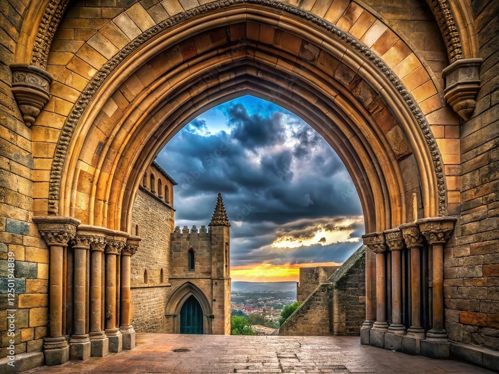 Fototapeta premium Gothic Archway, Lerida Castle Entrance, Spain: Majestic Medieval Architecture Stock Photo