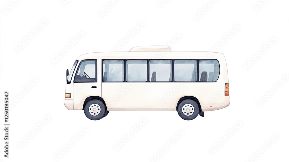 Side view of a white bus on a plain background, ideal for transportation-related themes Side view of a white bus on a plain background, ideal for transportation-related themes