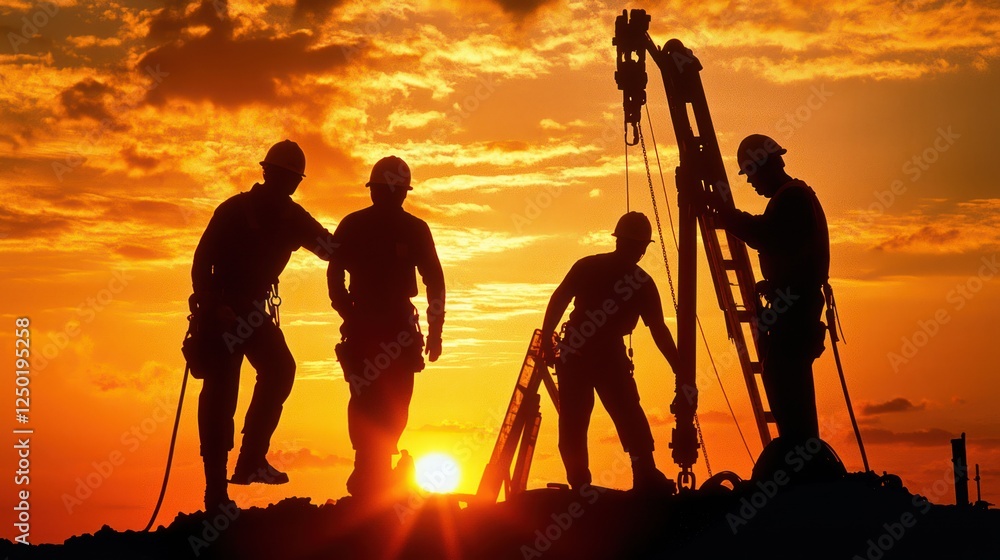 Obraz premium Silhouettes of workers against a vibrant sunset, highlighting teamwork and construction in an industrial setting.