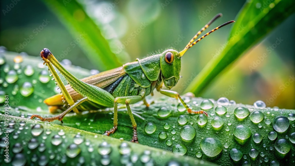 Green Grasshopper on Lush Green Leaf - Close-Up Macro Stock Photo Green Grasshopper on Lush Green Leaf - Close-Up Macro Stock Photo