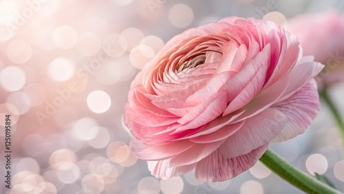 Wallpaper Mural Pink Ranunculus Close-up: Delicate layers of a light pink ranunculus bloom unfurl, showcasing its intricate petal structure against a soft, bokeh background. Torontodigital.ca