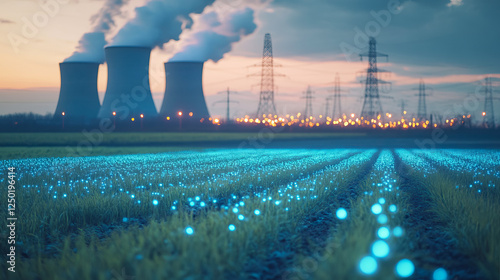 A futuristic nuclear power plant with a glowing digital network overlay, symbolizing technological progress, energy innovation and advanced connectivity. photo