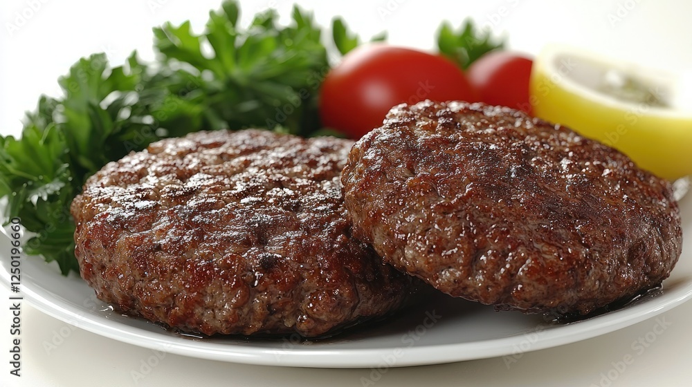 Grilled hamburger patties, parsley, tomatoes, lemon, white plate Grilled hamburger patties, parsley, tomatoes, lemon, white plate