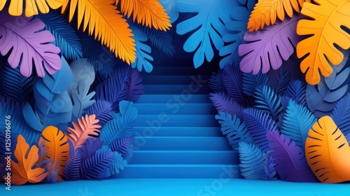 Stairway to a Tropical Paradise: Vibrant Paper Cut Leaves and Blue Steps
