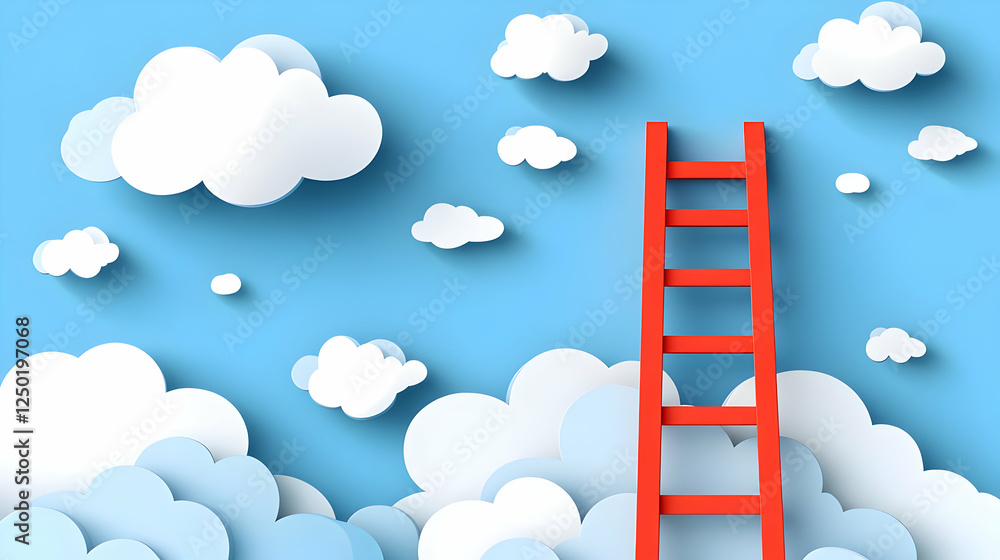 Red ladder climbing cloudscape; success concept Red ladder climbing cloudscape; success concept