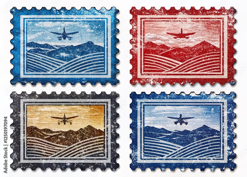 Obraz premium Grunge Complaint Stamps: Red, Blue, Black & Grey Rectangular Seals on White Background