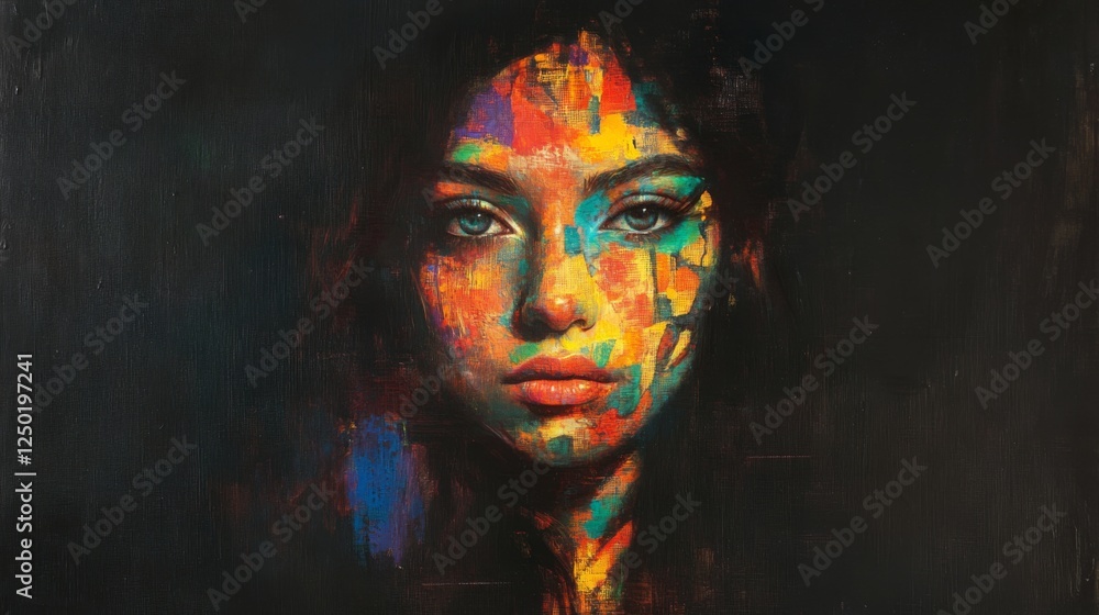 Woman with neon UV makeup and colorful face patterns, glowing softly; abstract artistry blending light and identity. Woman with neon UV makeup and colorful face patterns, glowing softly; abstract artistry blending light and identity.