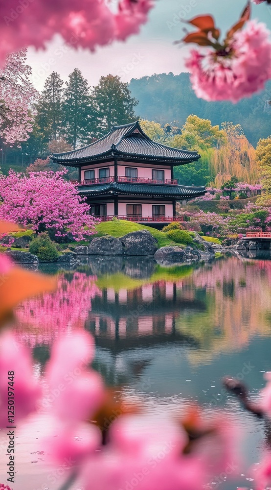 Cherry Blossoms Frame Japanese Temple Reflection Cherry Blossoms Frame Japanese Temple Reflection