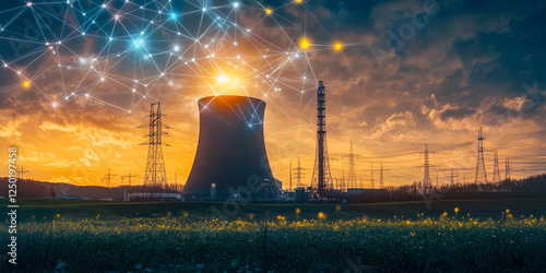 A futuristic nuclear power plant with a glowing digital network overlay, symbolizing technological progress, energy innovation and advanced connectivity.