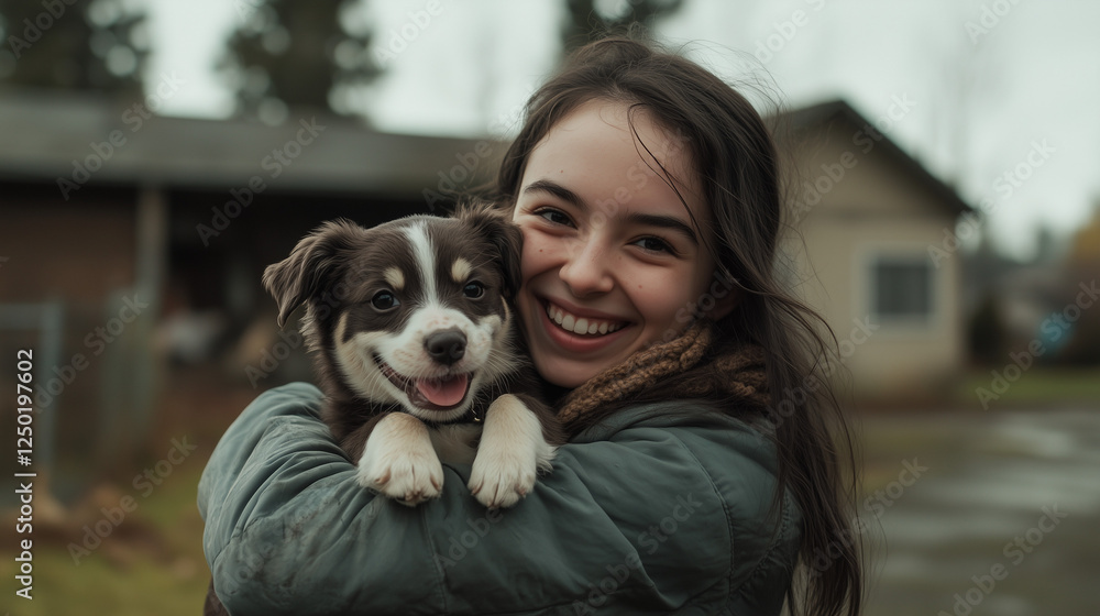 National Adopt A Shelter Pet Day, A young woman smiles while hugging a newly adopted puppy in front of an animal shelter, Ai generated images National Adopt A Shelter Pet Day, A young woman smiles while hugging a newly adopted puppy in front of an animal shelter, Ai generated images