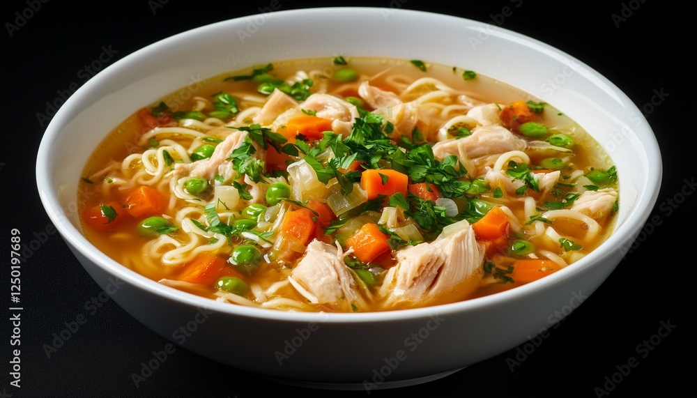 Broth tender chicken noodles vegetable hot spicy soup on black bowl Broth tender chicken noodles vegetable hot spicy soup on black bowl