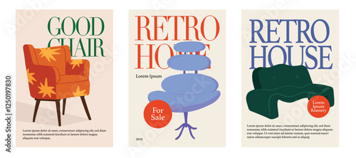 retro couch sofa chair. classical style of retro furniture. set of 2 poster template. hand drawn illustration. isolated design.
