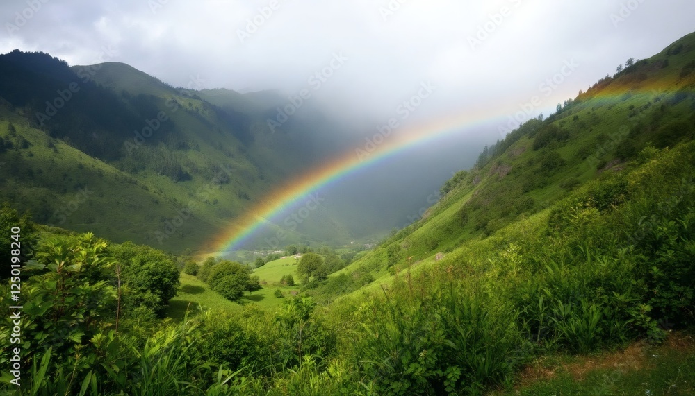 Vibrant Rainbow Spanning Across a Serene Green Valley Landscape Vibrant Rainbow Spanning Across a Serene Green Valley Landscape