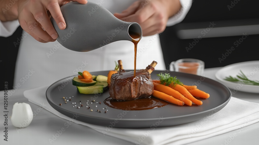Chef is pouring sauce onto the lamb rack on an elegant plate Chef is pouring sauce onto the lamb rack on an elegant plate