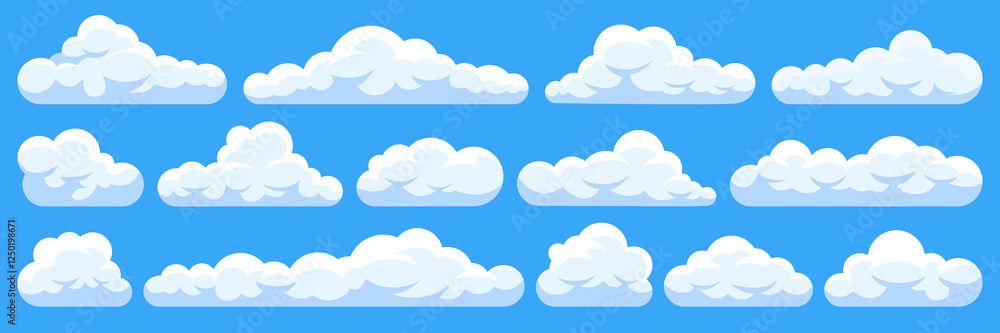 Set of cartoon cloud in a flat design. Fluffy white cartoon clouds in blue sky vector set. Cloudy day heaven. Cartoon cloudy fluffy illustration Set of cartoon cloud in a flat design. Fluffy white cartoon clouds in blue sky vector set. Cloudy day heaven. Cartoon cloudy fluffy illustration