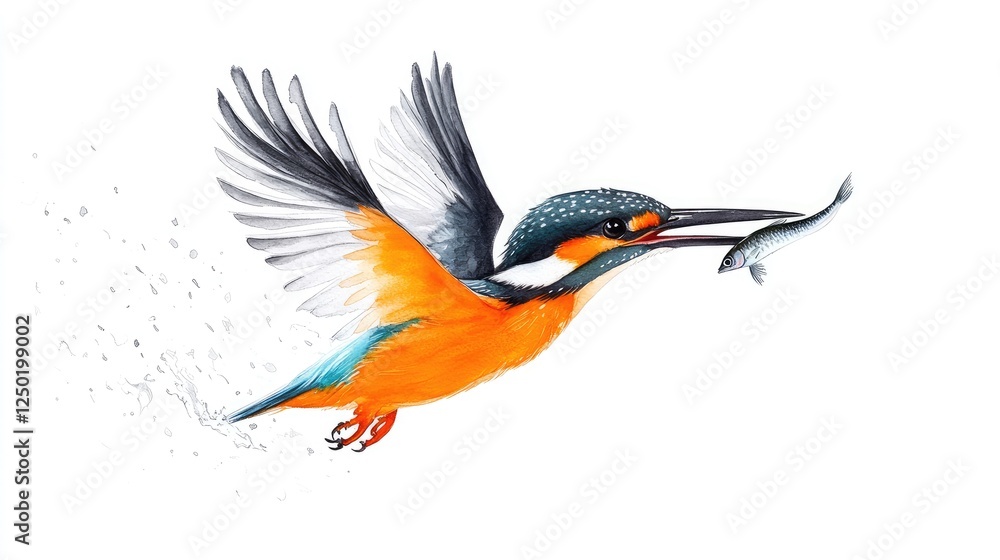 Fototapeta premium Vibrant kingfisher in mid-flight catching a fish against a clean white background