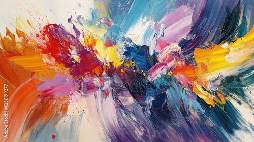 Vibrant Abstract Art Piece Featuring Bold Brush Strokes and a Dynamic Color Palette of Reds, Blues, Yellows, and Purples Evoking Energy and Emotion
