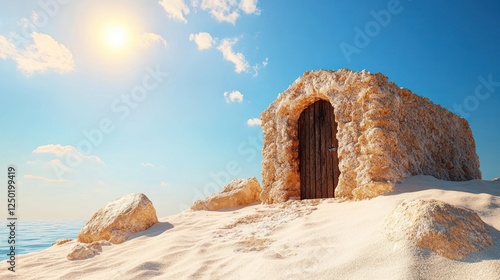 Idyllic Beach Scene with Stone Structure Against Blue Sky Background