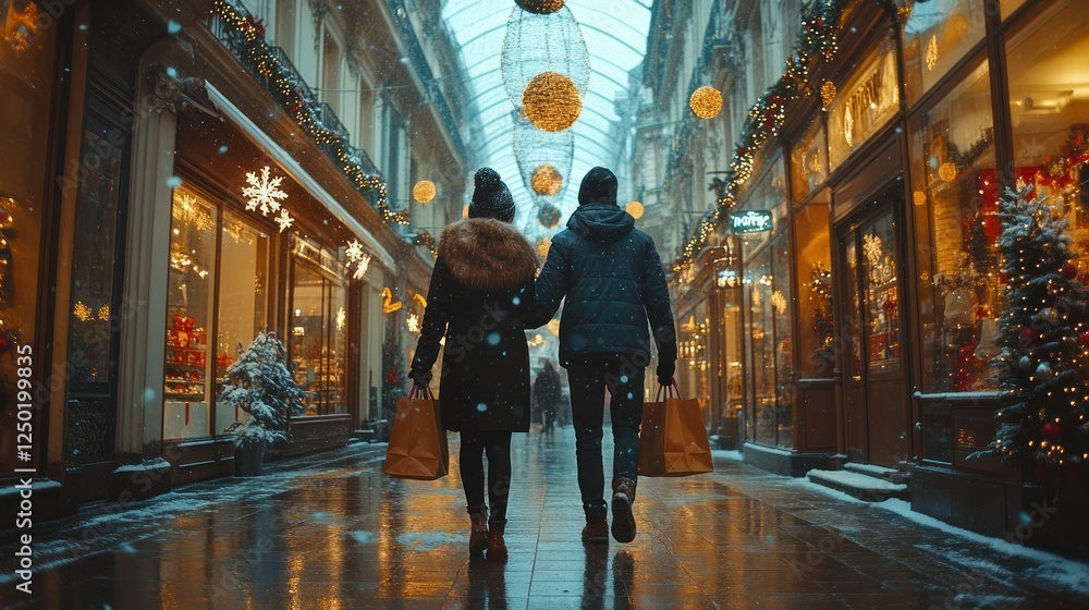 Couple Christmas shopping snowy Parisian arcade Couple Christmas shopping snowy Parisian arcade