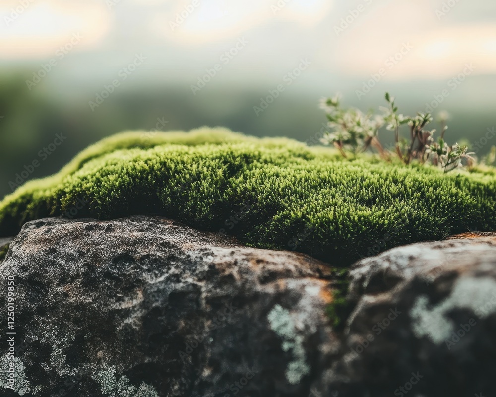Lush Green Moss Growing on a Weathered Stone Surface in a Natural Environment. Lush Green Moss Growing on a Weathered Stone Surface in a Natural Environment.
