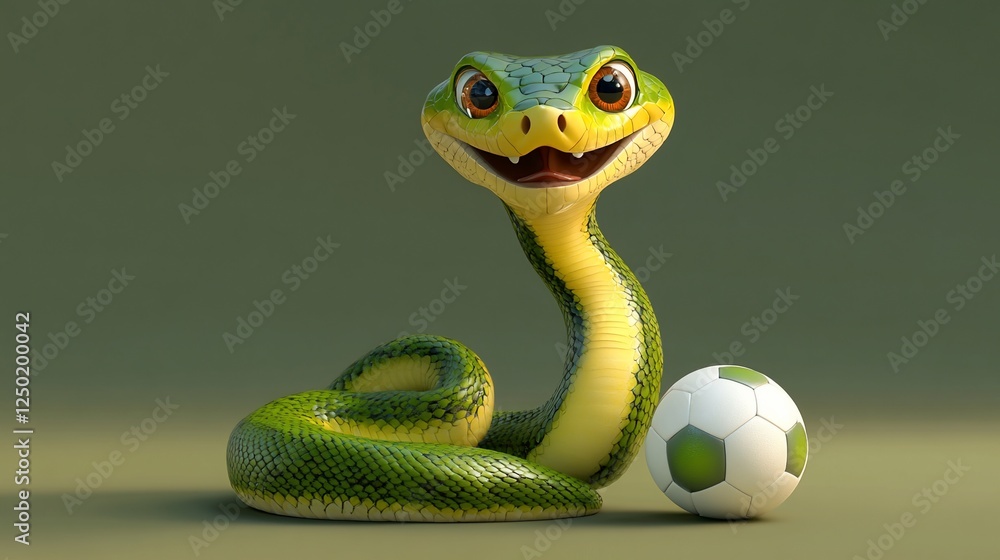 Fototapeta premium Cute cartoon snake smiles next to a soccer ball.