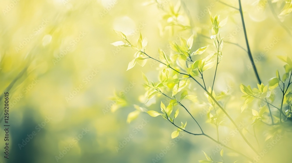 Obraz premium Fresh Spring Leaves in Soft Sunlight - Serene Nature Background.