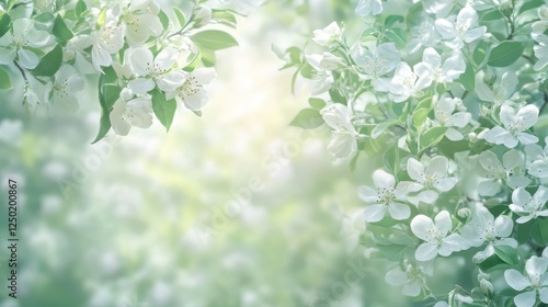 Delicate White Apple Blossom Branches with Soft Bokeh Background in Spring Sunlight