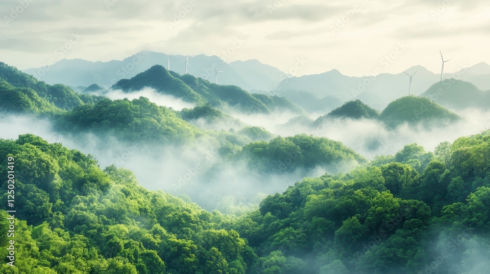 Obraz premium Lush green mountains shrouded in mist create a serene, picturesque landscape under a cloudy sky, evoking a sense of tranquility and nature's beauty.