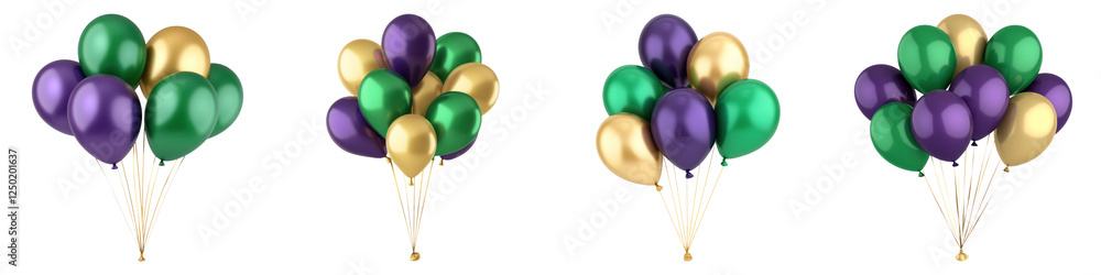 Mardi Gras themed balloon bouquet in purple, green, and gold colors. Perfect for festive celebrations