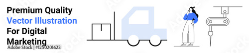 Delivery truck with cargo box, robotic component, and thoughtful worker analyzing operations. Ideal for logistics, automation, e-commerce, supply chain, packaging, transport flat landing page banner