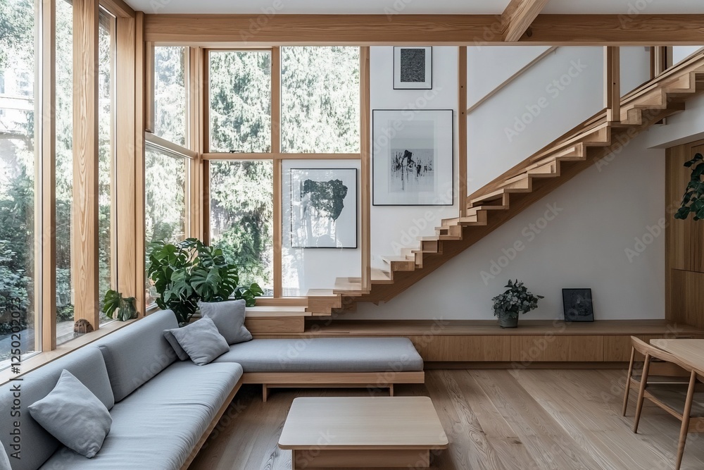 Obraz premium Modern minimalist living room with large windows, wooden staircase, and built-in seating.