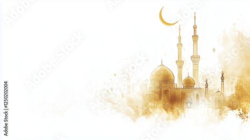 White banner for Laylatul Qadr with golden mosque silhouette and crescent moon on top, Ai generated images photo