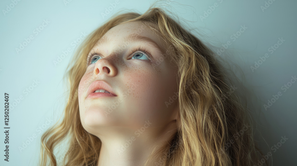 Fototapeta premium A young girl with long blonde hair is looking up, generative AI