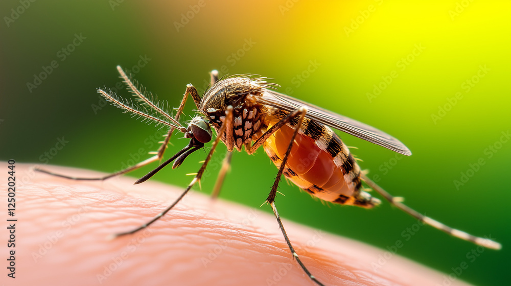 World Malaria Day, Close-up of an Anopheles mosquito perched on a human hand, details of the mosquito's wings and legs are clearly visible, Ai generated images World Malaria Day, Close-up of an Anopheles mosquito perched on a human hand, details of the mosquito's wings and legs are clearly visible, Ai generated images