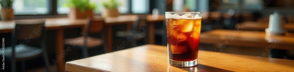 Clear glass of iced americano coffee on cafe table, table, simple, dark Clear glass of iced americano coffee on cafe table, table, simple, dark