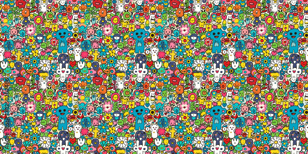 Fototapeta premium Cartoon hand-drawn doodles on the subject of summer holidays theme seamless pattern