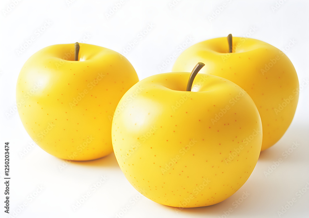 A realistic photograph of golden apples, three golden apples isolated on a white background with no shadows, no text in the picture, and a clipart-style appearance. The yellow fruit is bright A realistic photograph of golden apples, three golden apples isolated on a white background with no shadows, no text in the picture, and a clipart-style appearance. The yellow fruit is bright