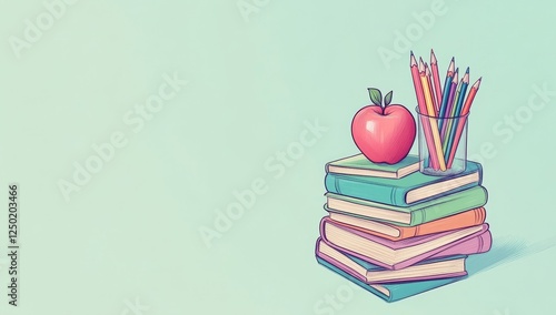Wallpaper Mural Colorful books, apple, and pencils on light mint background Torontodigital.ca