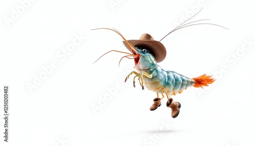 Whimsical Shrimp in Cowboy Hat and Boots Leaping in Style