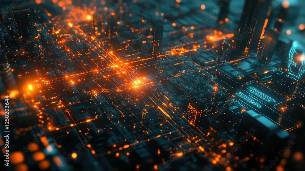 Fototapeta premium Futuristic Digital Cityscape with Glowing Circuit Patterns and Vibrant Lights Representing Advanced Technology and Connectivity in a High-Tech Environment